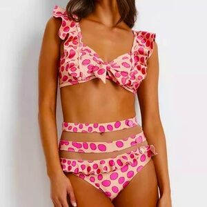 NWT PAT BO Bossa Bikini Pink/Apricot Dots Ruffled Sheer Panels Small Retail $350